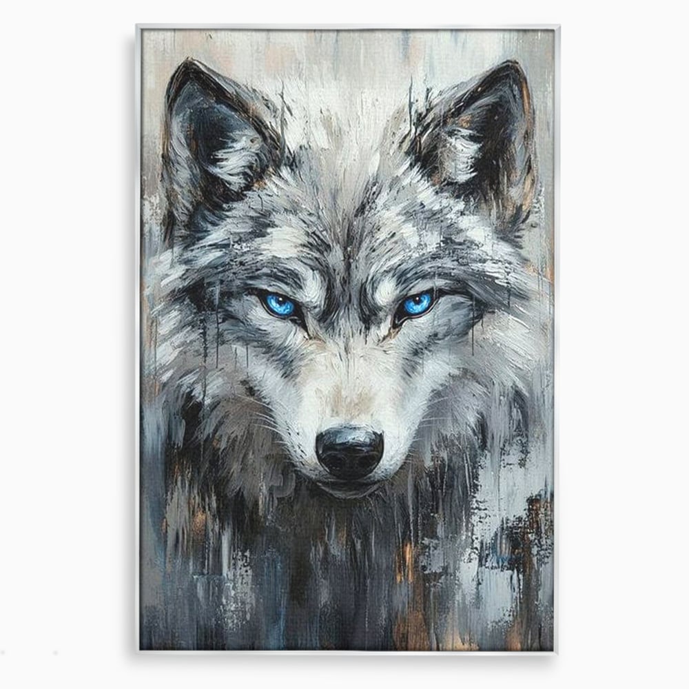 Tablou canvas cu tablou canvas cu portret de lup, in rama de aluminiu argintiu