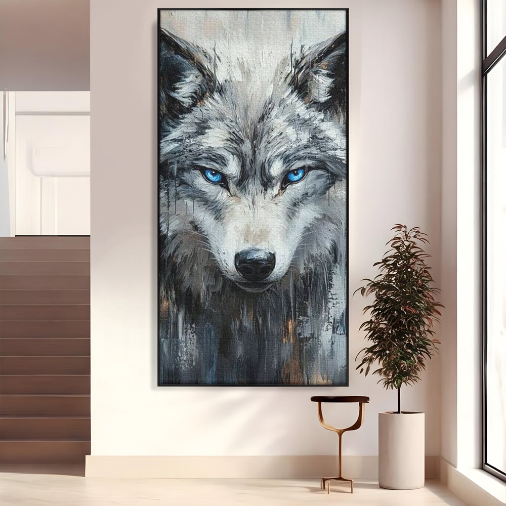 Tablou canvas cu tablou canvas cu portret de lup, in rama de aluminiu negru