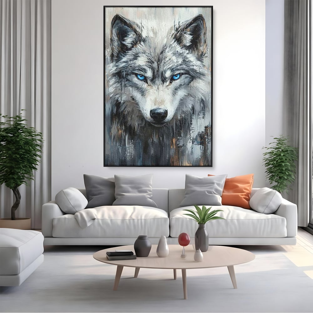 Tablou canvas cu tablou canvas cu portret de lup, in rama de aluminiu negru, pe perete intr-un living