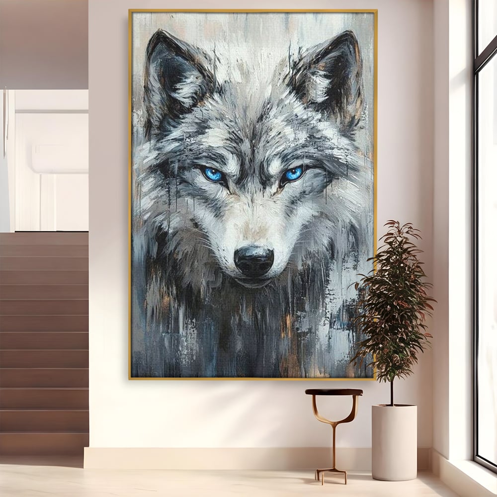 Tablou canvas cu tablou canvas cu portret de lup, in rama de aluminiu auriu