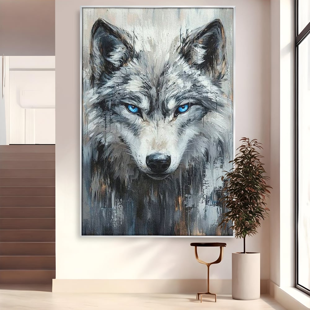 Tablou canvas cu tablou canvas cu portret de lup, in rama de aluminiu argintiu