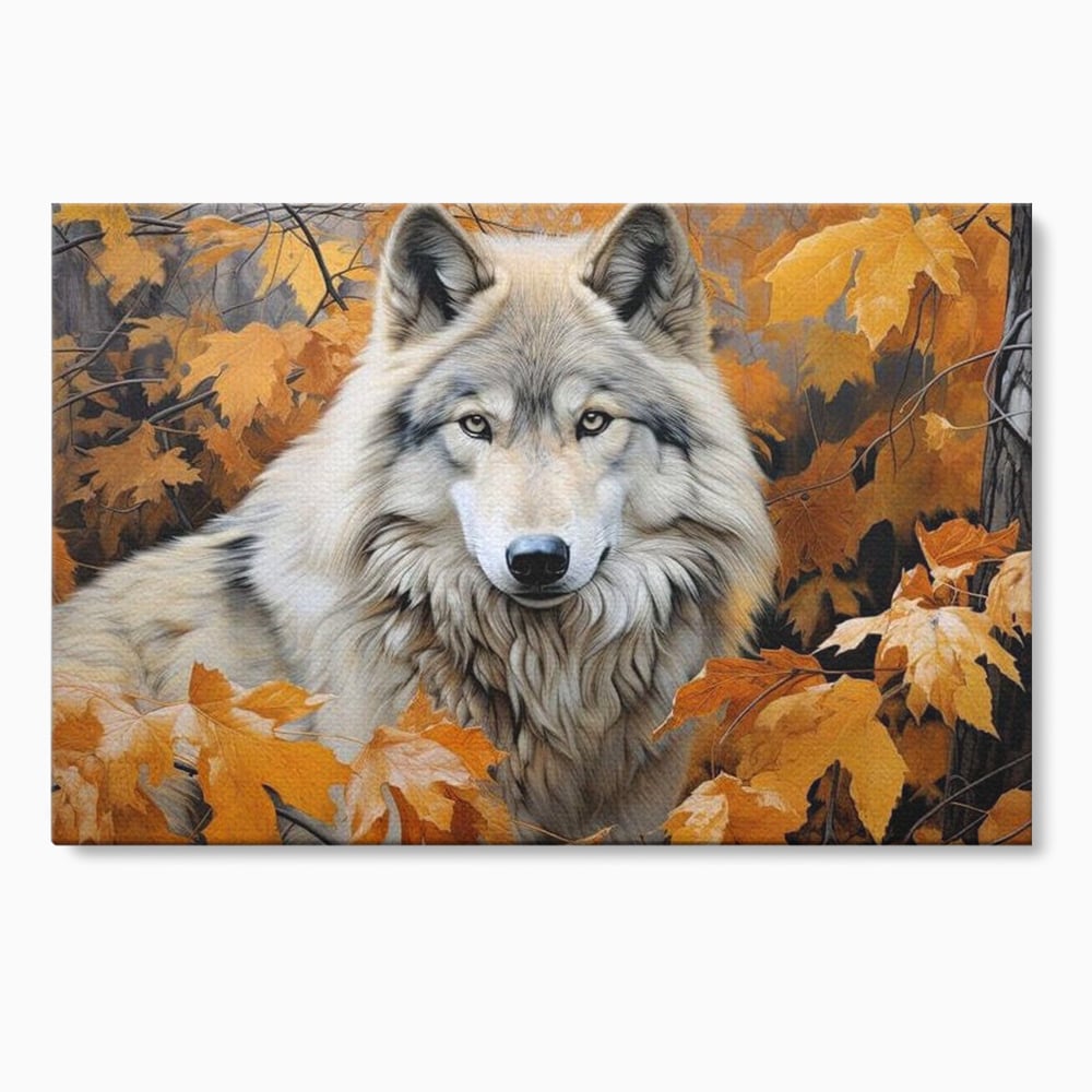 Tablou canvas cu tablou canvas cu lup in toamna, fara rama, pe sasiu de lemn