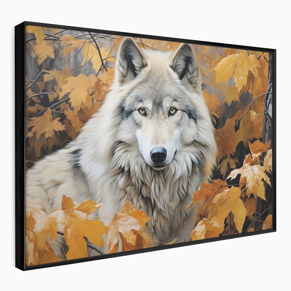 Tablou canvas cu tablou canvas cu lup in toamna, in rama de aluminiu negru