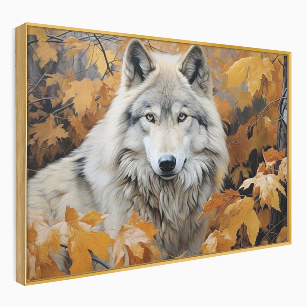 Tablou canvas cu tablou canvas cu lup in toamna, in rama de aluminiu auriu