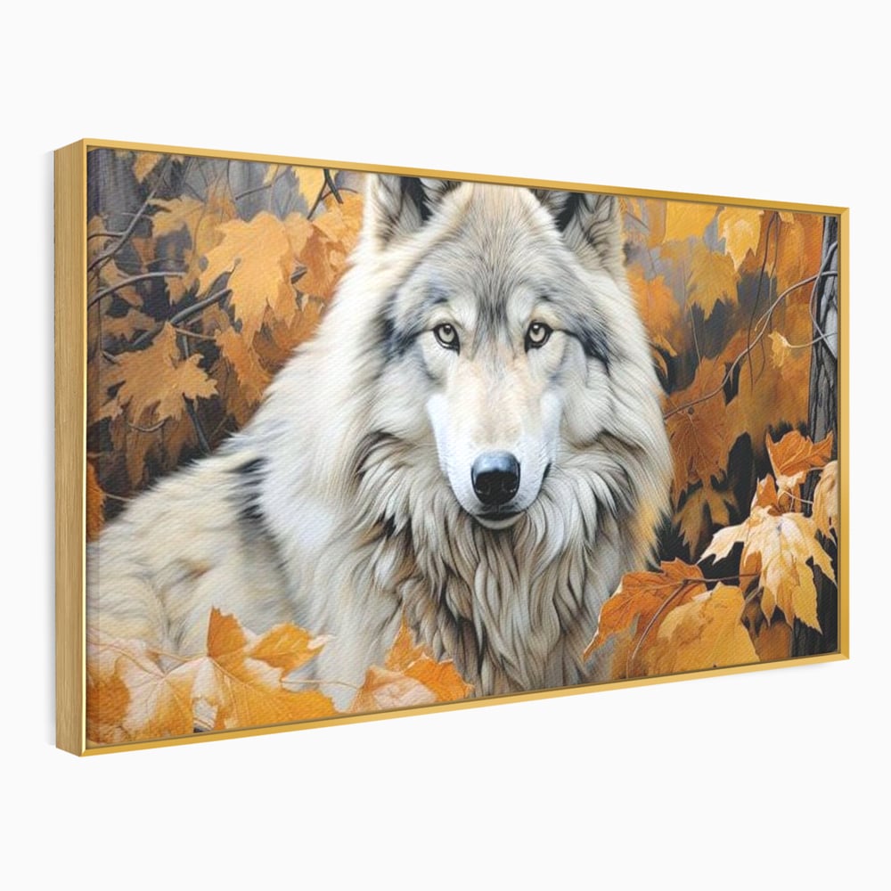 Tablou canvas cu tablou canvas cu lup in toamna, in rama de aluminiu auriu