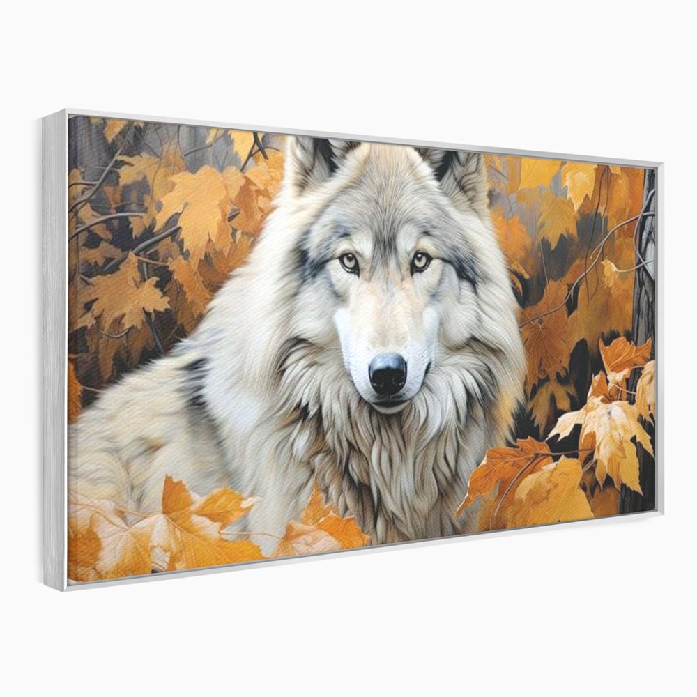 Tablou canvas cu tablou canvas cu lup in toamna, in rama de aluminiu argintiu
