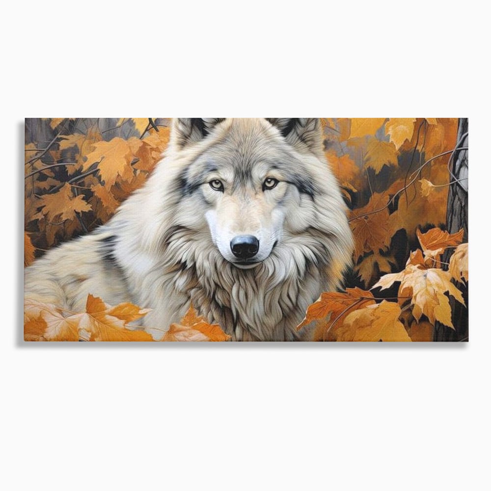 Tablou canvas cu tablou canvas cu lup in toamna, fara rama, pe sasiu de lemn