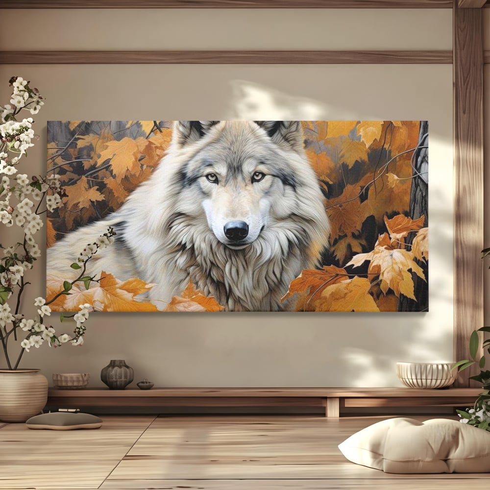 Tablou canvas cu tablou canvas cu lup in toamna, fara rama, pe sasiu de lemn