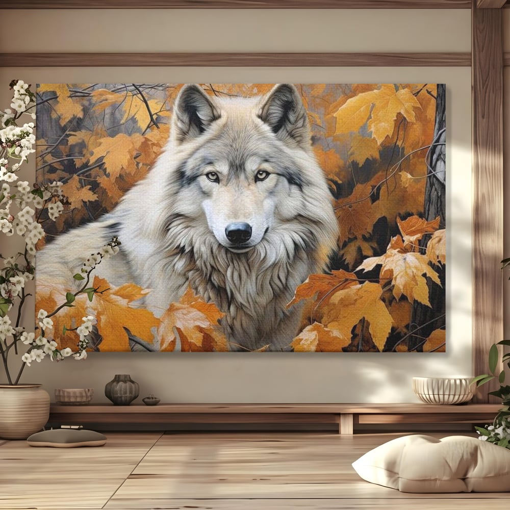 Tablou canvas cu tablou canvas cu lup in toamna, fara rama, pe sasiu de lemn