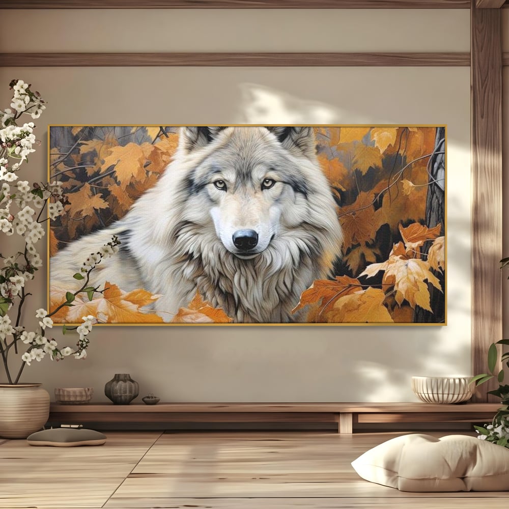 Tablou canvas cu tablou canvas cu lup in toamna, in rama de aluminiu auriu