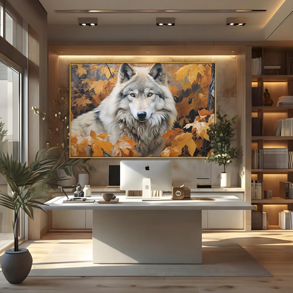 Tablou canvas cu tablou canvas cu lup in toamna, in rama de aluminiu auriu, pe perete intr-un birou