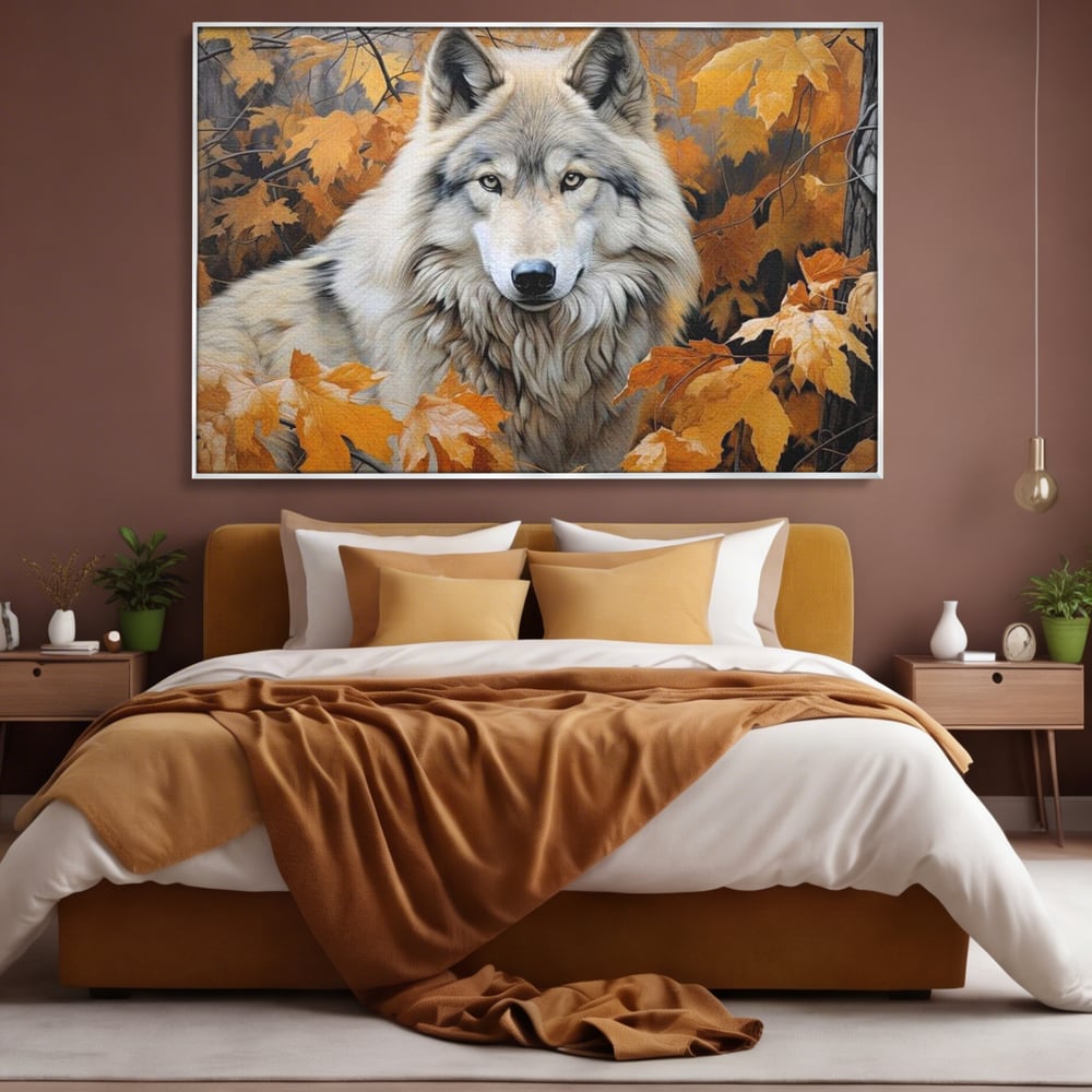 Tablou canvas cu tablou canvas cu lup in toamna, in rama de aluminiu argintiu, pe perete intr-un dormitor