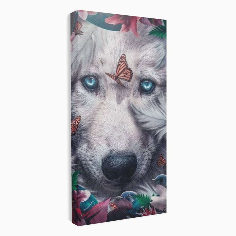 Tablou canvas cu tablou canvas cu lup alb si fluturi, fara rama, pe sasiu de lemn