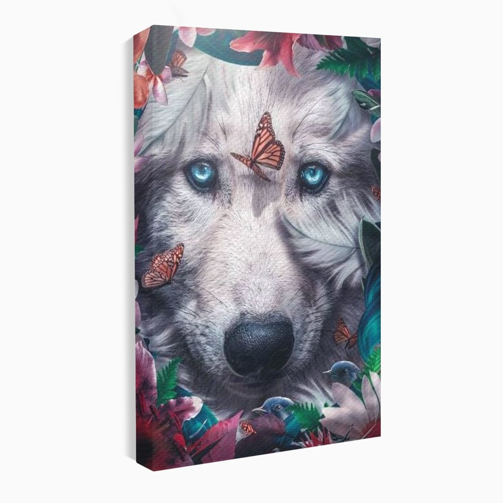 Tablou canvas cu tablou canvas cu lup alb si fluturi, fara rama, pe sasiu de lemn