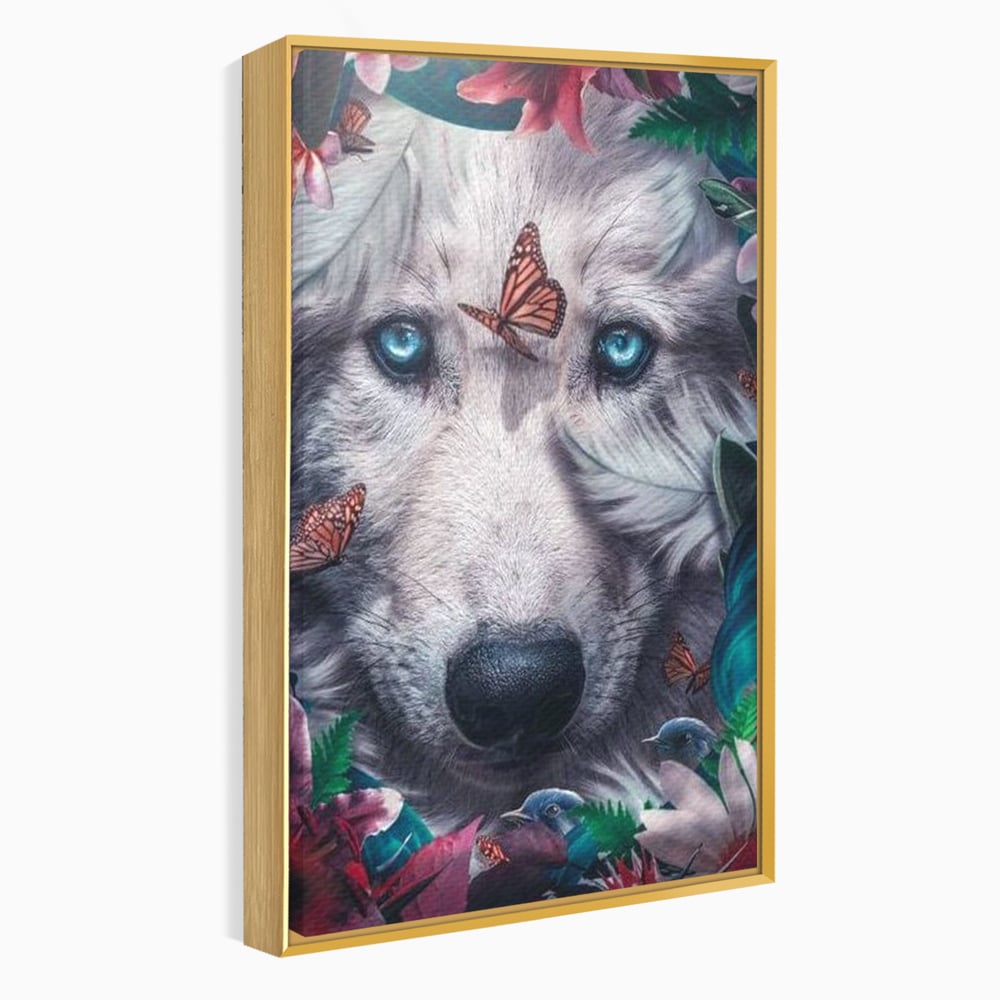 Tablou canvas cu tablou canvas cu lup alb si fluturi, in rama de aluminiu auriu