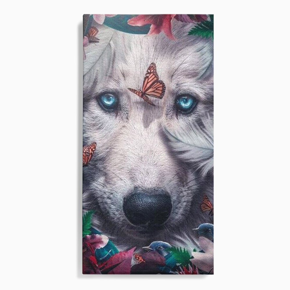 Tablou canvas cu tablou canvas cu lup alb si fluturi, fara rama, pe sasiu de lemn
