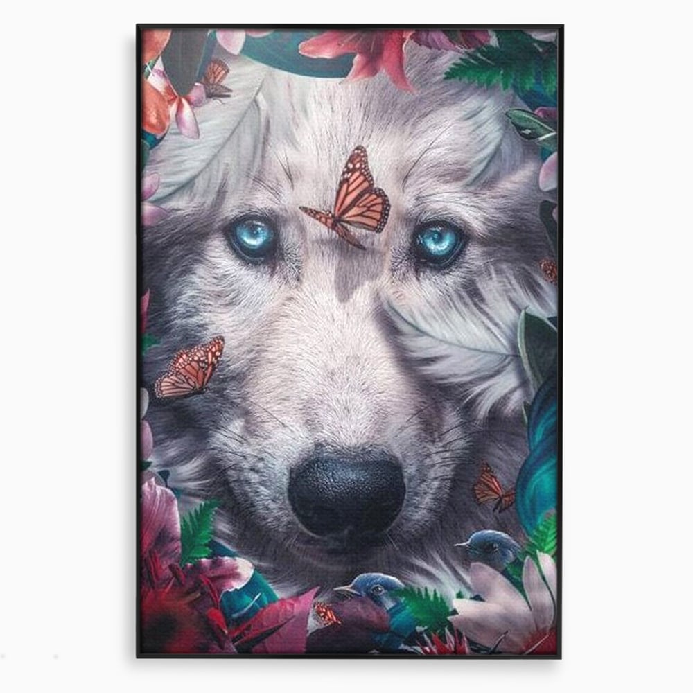 Tablou canvas cu tablou canvas cu lup alb si fluturi, in rama de aluminiu negru