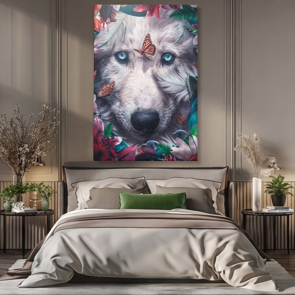 Tablou canvas cu tablou canvas cu lup alb si fluturi, fara rama, pe sasiu de lemn, pe perete intr-un dormitor