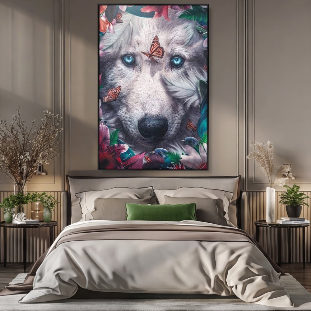 Tablou canvas cu tablou canvas cu lup alb si fluturi, in rama de aluminiu negru, pe perete intr-un dormitor