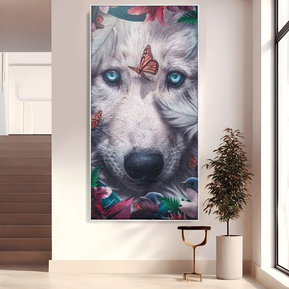 Tablou canvas cu tablou canvas cu lup alb si fluturi, in rama de aluminiu argintiu