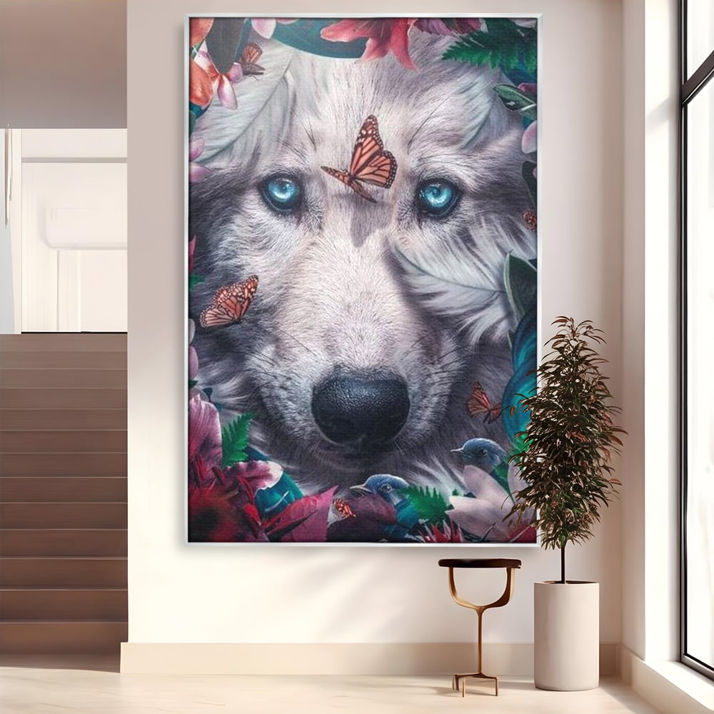 Tablou canvas cu tablou canvas cu lup alb si fluturi, in rama de aluminiu argintiu