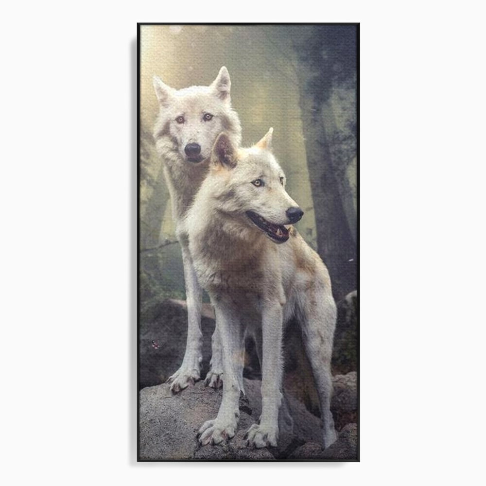 Tablou canvas cu tablou canvas cu doi lupi albi in padure, in rama de aluminiu negru