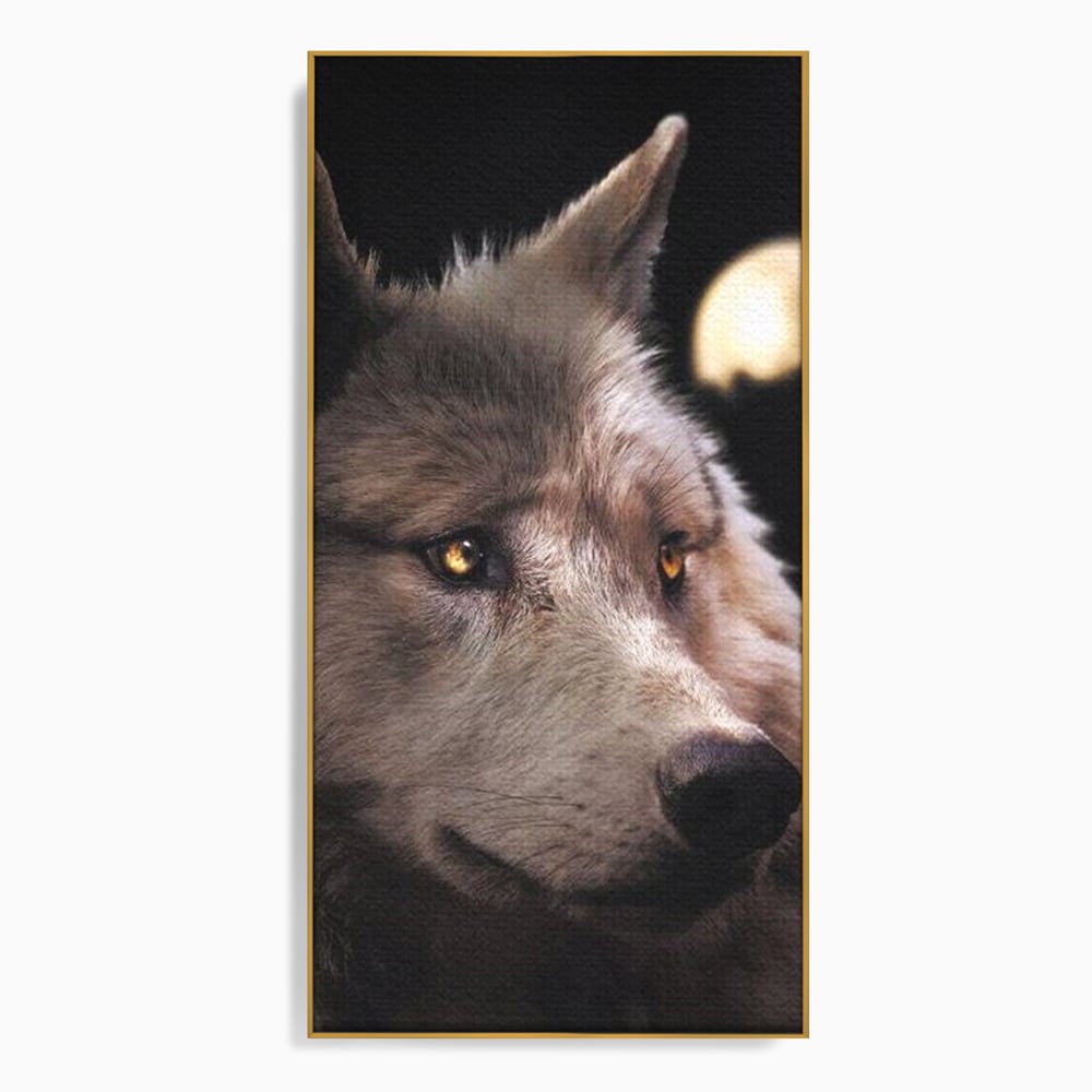 Tablou canvas cu tablou canvas cu cap de lup, in rama de aluminiu auriu