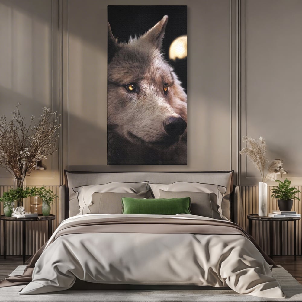 Tablou canvas cu tablou canvas cu cap de lup, fara rama, pe sasiu de lemn, pe perete intr-un dormitor