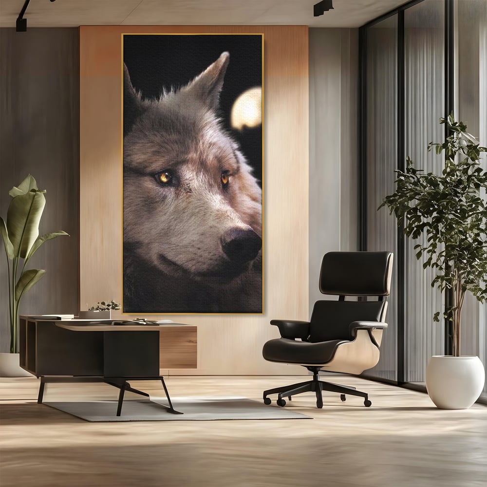 Tablou canvas cu tablou canvas cu cap de lup, in rama de aluminiu auriu, pe perete intr-un birou