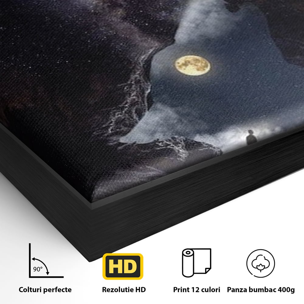 Detaliu al suprafetei: tablou canvas cu silueta de lup, in rama de aluminiu negru
