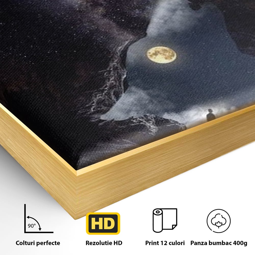 Detaliu al suprafetei: tablou canvas cu silueta de lup, in rama de aluminiu auriu
