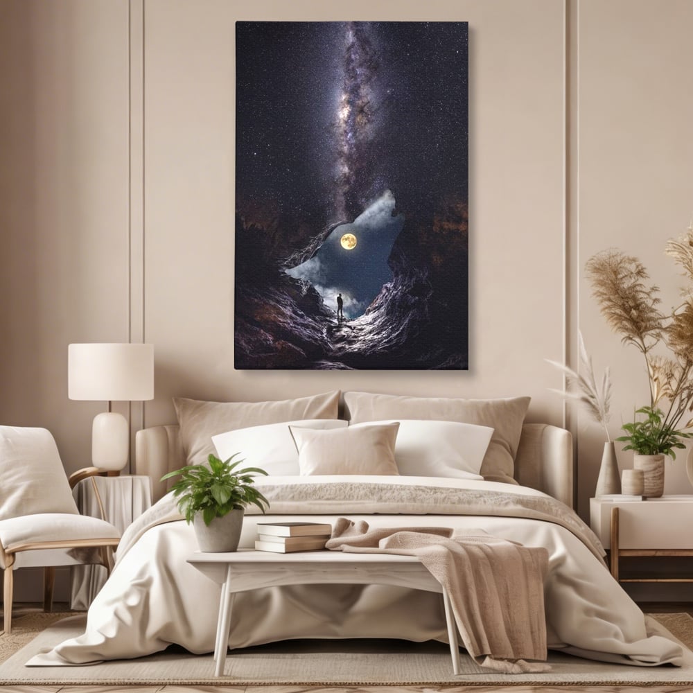 Tablou canvas cu tablou canvas cu silueta de lup, fara rama, pe sasiu de lemn, pe perete intr-un dormitor