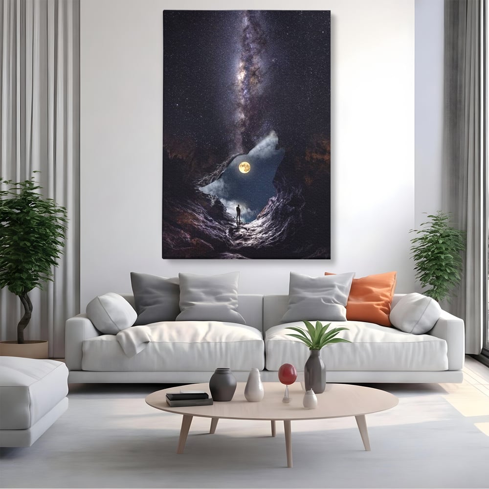 Tablou canvas cu tablou canvas cu silueta de lup, fara rama, pe sasiu de lemn, pe perete intr-un living
