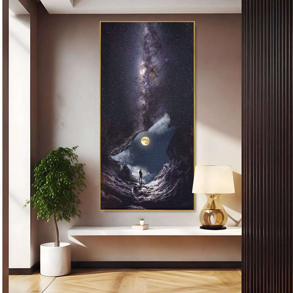 Tablou canvas cu tablou canvas cu silueta de lup, in rama de aluminiu auriu