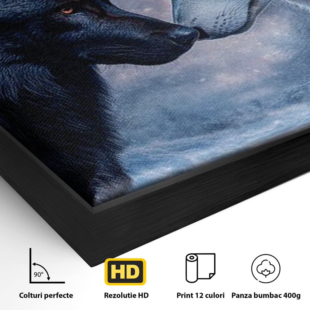 Detaliu al suprafetei: tablou canvas cu doi lupi, in rama de aluminiu negru