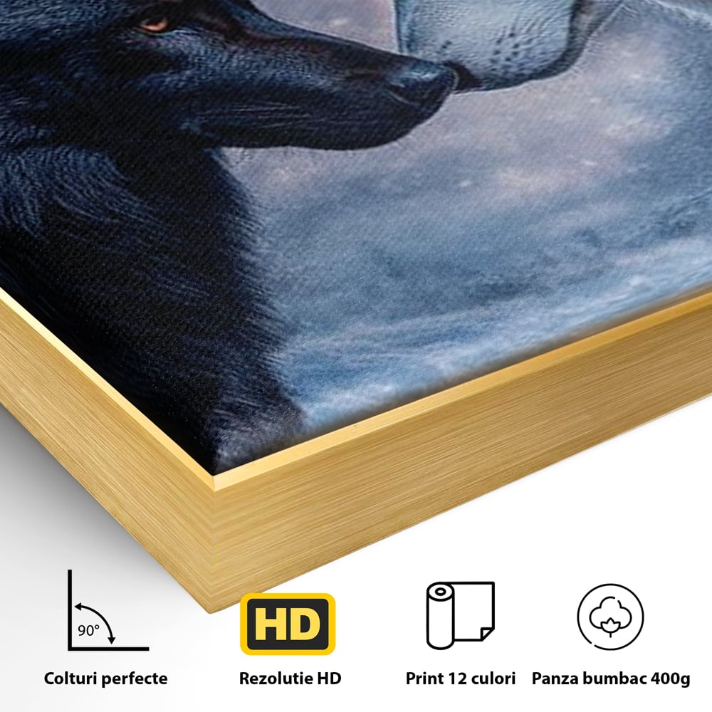 Detaliu al suprafetei: tablou canvas cu doi lupi, in rama de aluminiu auriu
