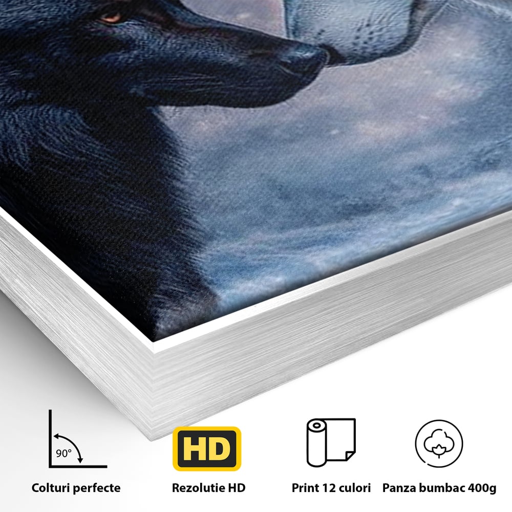 Detaliu al suprafetei: tablou canvas cu doi lupi, in rama de aluminiu argintiu