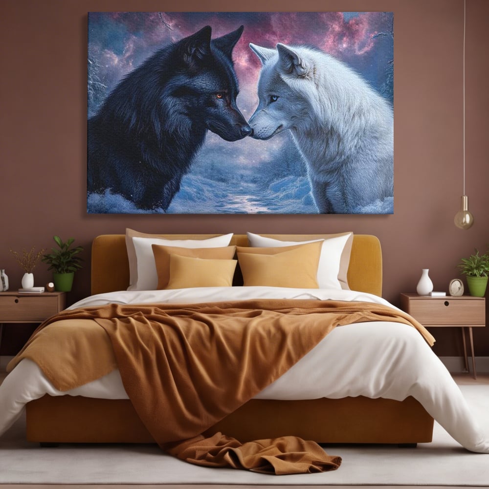 Tablou canvas cu tablou canvas cu doi lupi, fara rama, pe sasiu de lemn, pe perete intr-un dormitor