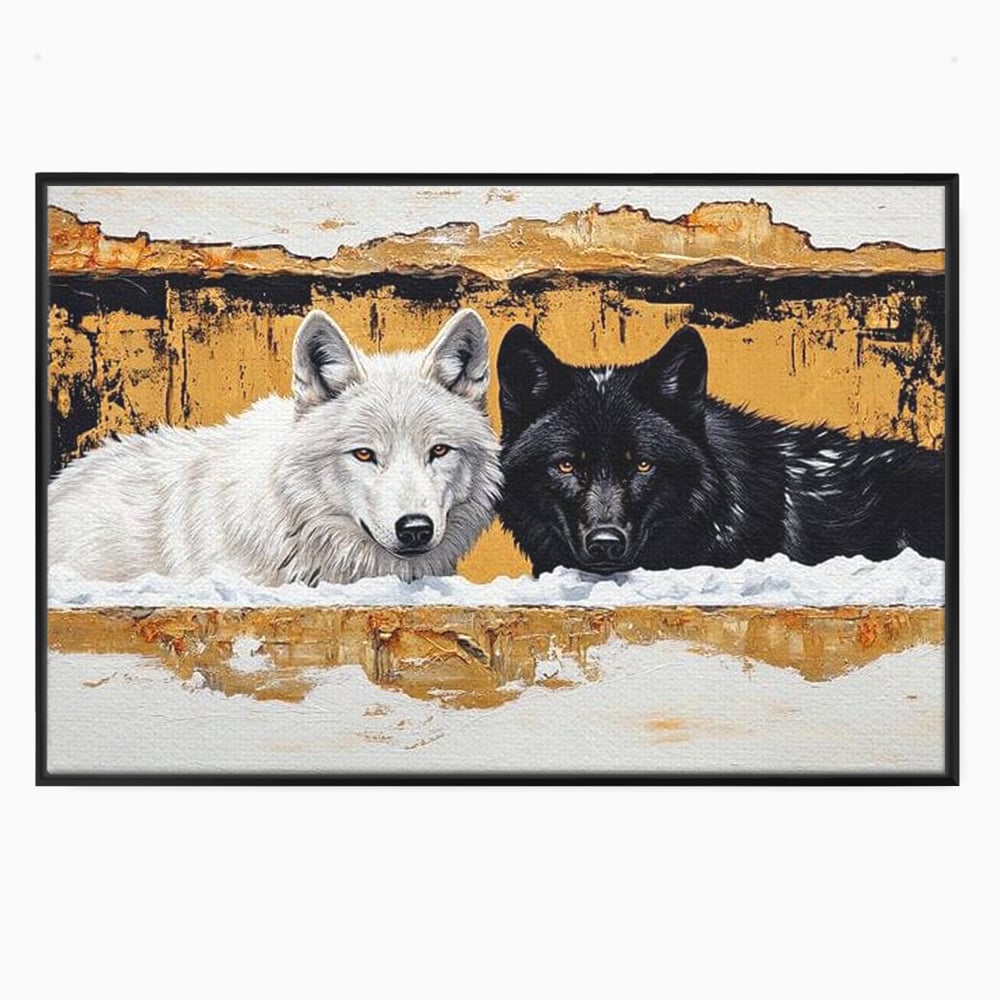 Tablou canvas cu pictura cu doi lupi in zapada, in rama de aluminiu negru