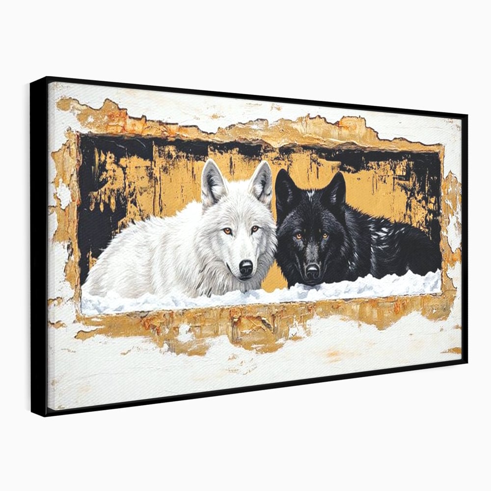 Tablou canvas cu pictura cu doi lupi in zapada, in rama de aluminiu negru