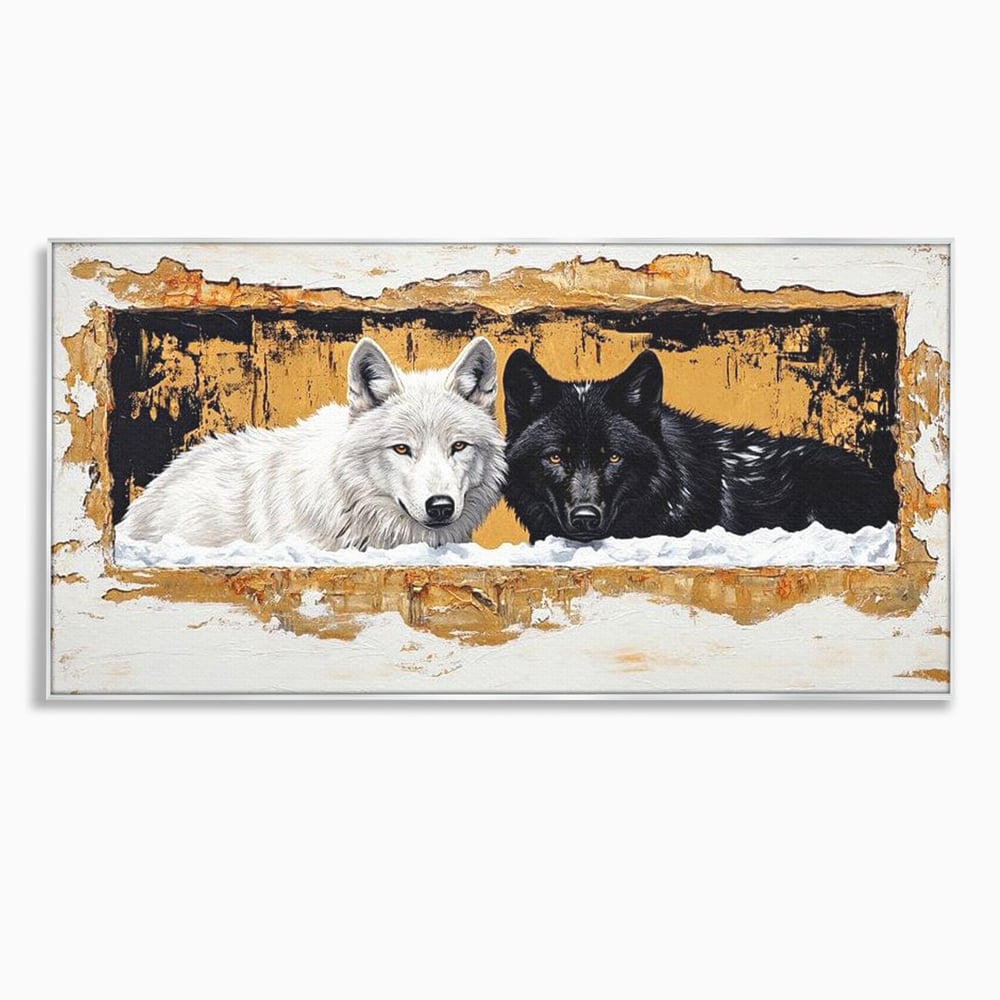 Tablou canvas cu pictura cu doi lupi in zapada, in rama de aluminiu argintiu