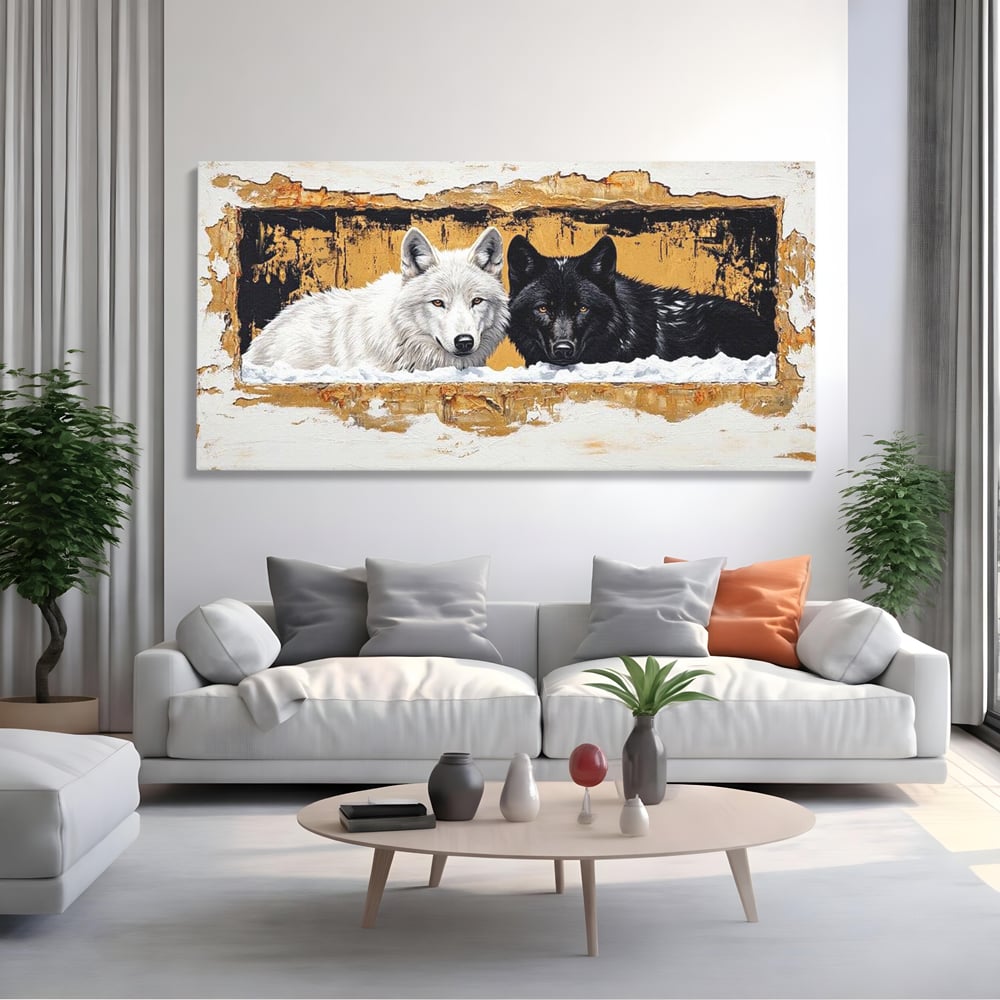 Tablou canvas cu pictura cu doi lupi in zapada, fara rama, pe sasiu de lemn, pe perete intr-un living