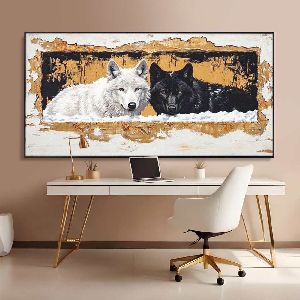 Tablou canvas cu pictura cu doi lupi in zapada, in rama de aluminiu negru, pe perete intr-un birou