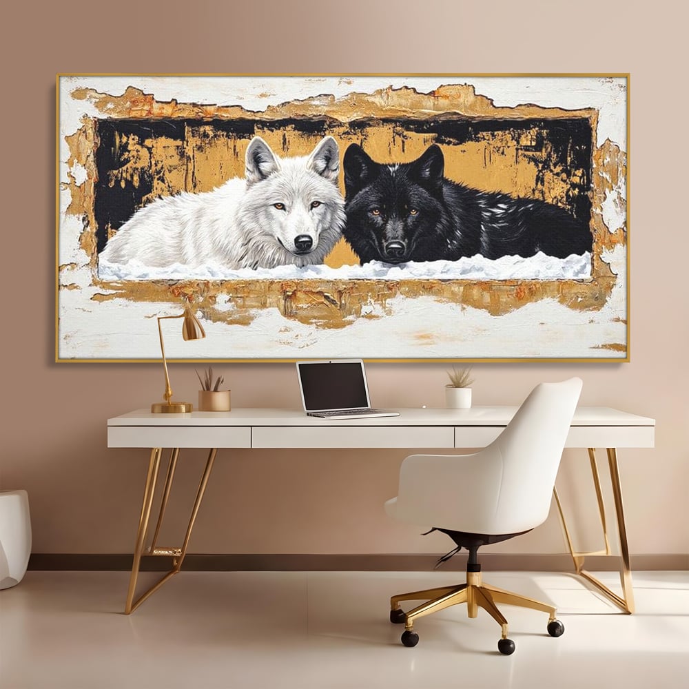 Tablou canvas cu pictura cu doi lupi in zapada, in rama de aluminiu auriu, pe perete intr-un birou