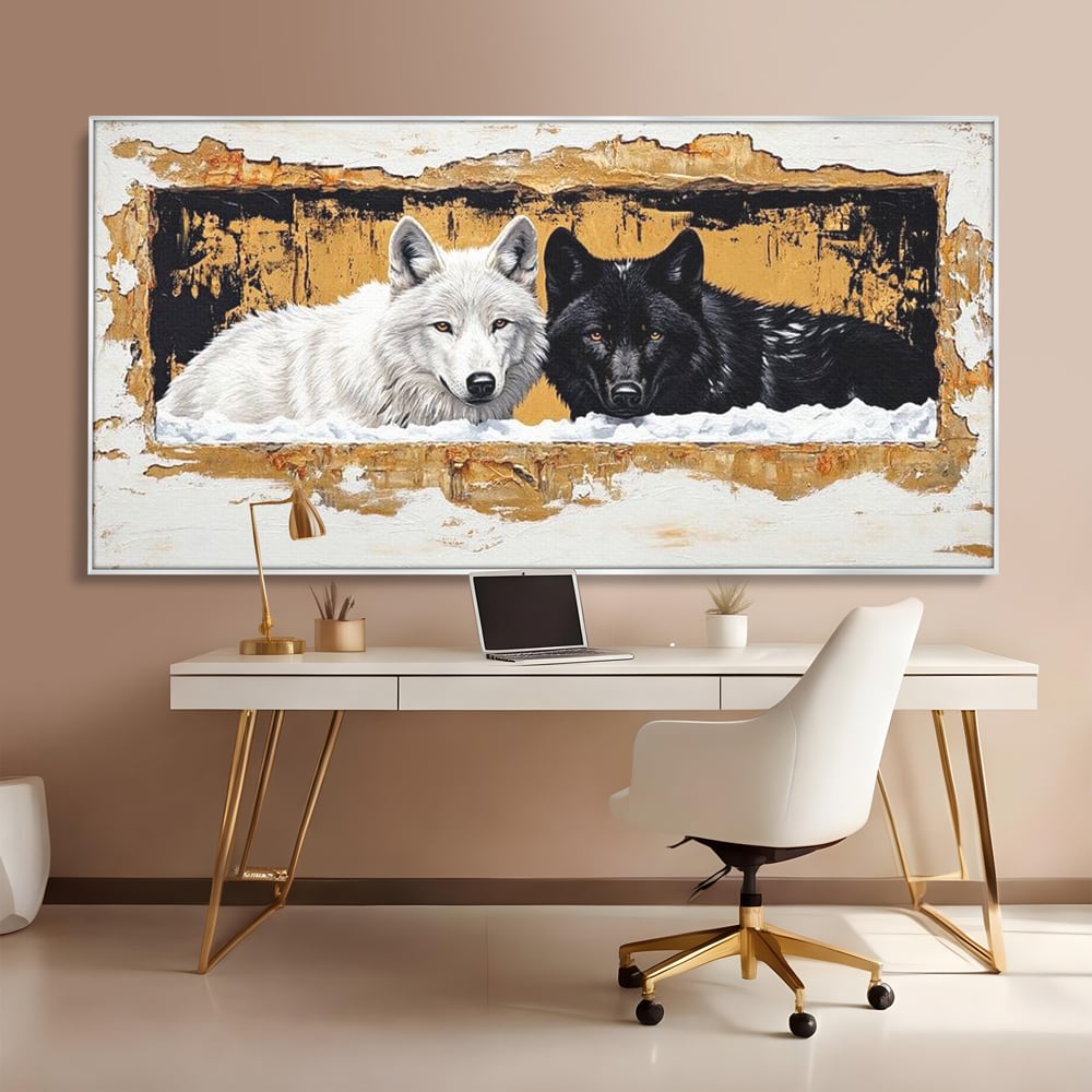 Tablou canvas cu pictura cu doi lupi in zapada, in rama de aluminiu argintiu, pe perete intr-un birou