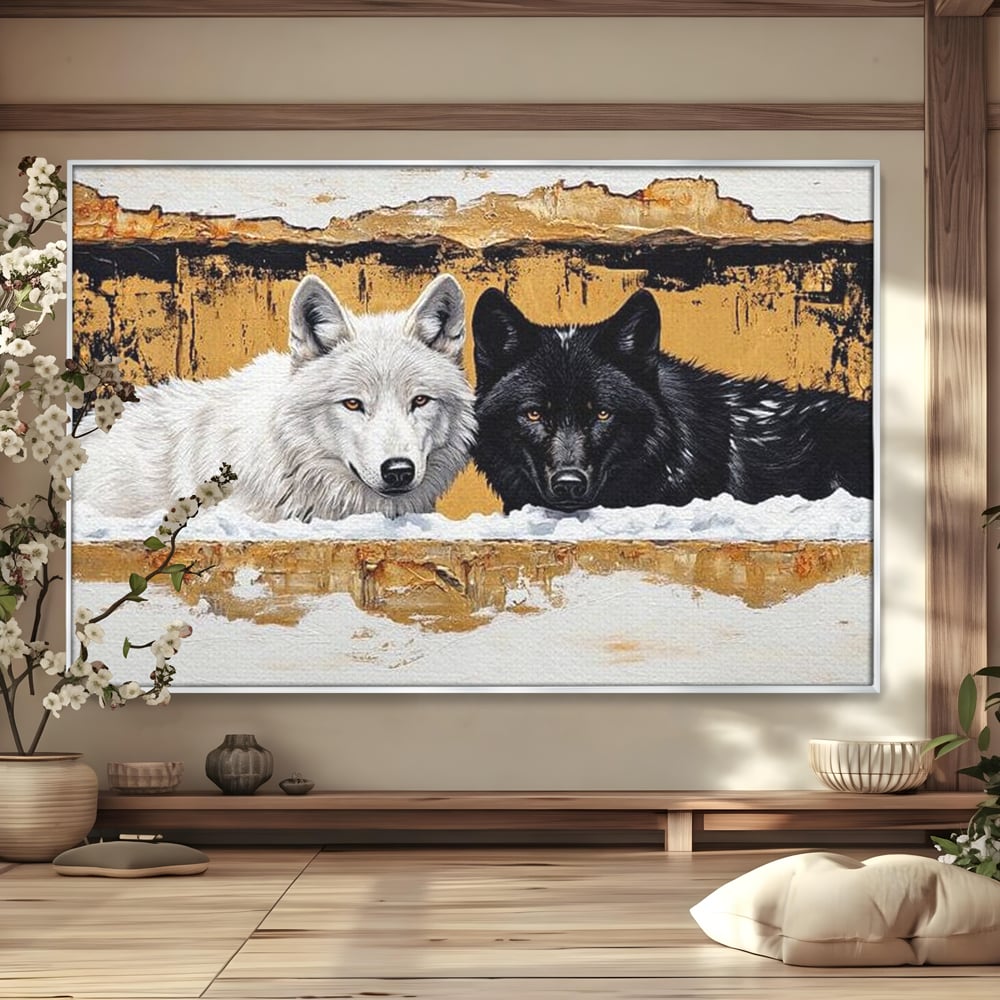 Tablou canvas cu pictura cu doi lupi in zapada, in rama de aluminiu argintiu