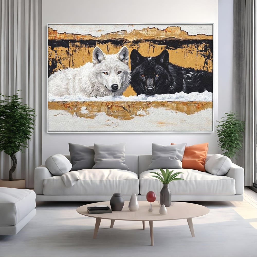 Tablou canvas cu pictura cu doi lupi in zapada, in rama de aluminiu argintiu, pe perete intr-un living