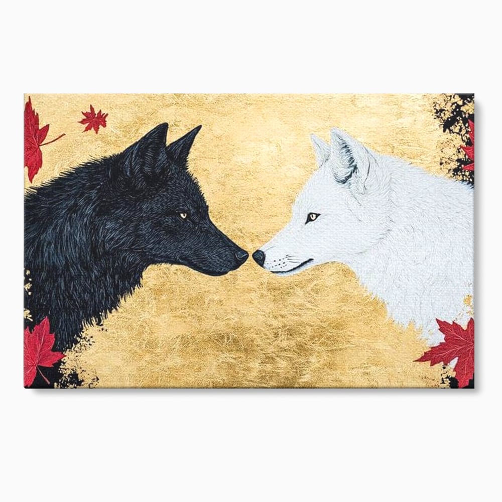 Tablou canvas cu tablou canvas cu doi lupi si frunze de artar, fara rama, pe sasiu de lemn