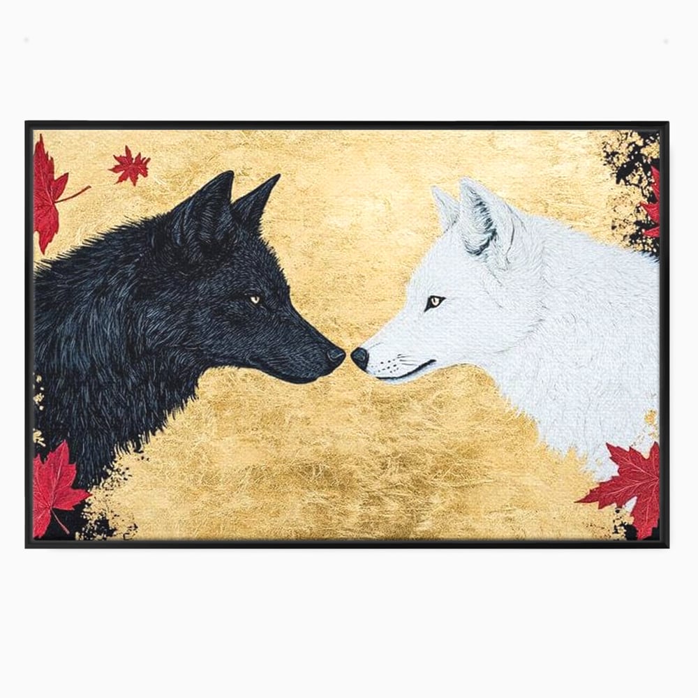 Tablou canvas cu tablou canvas cu doi lupi si frunze de artar, in rama de aluminiu negru