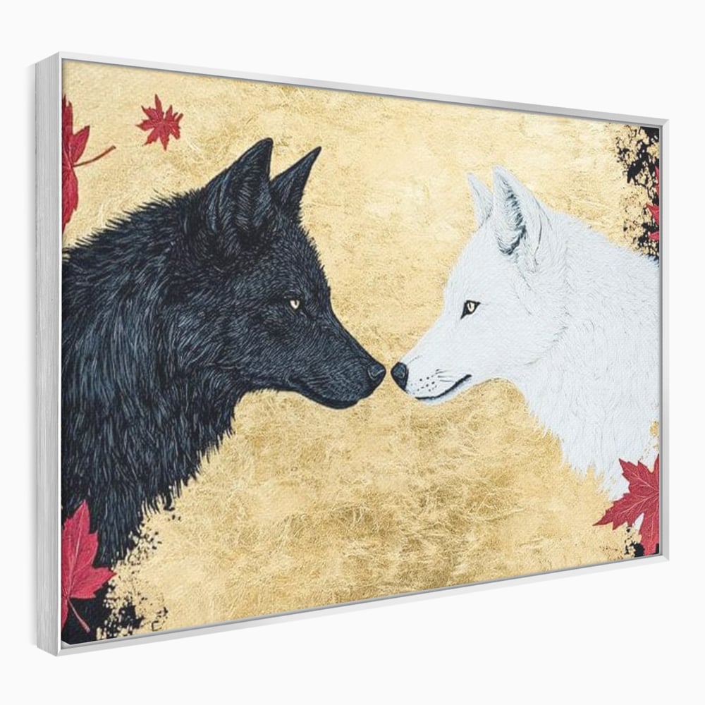 Tablou canvas cu tablou canvas cu doi lupi si frunze de artar, in rama de aluminiu argintiu